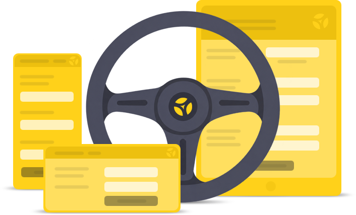 Driving Made Safe - illustration montage of steering wheel and some computer system interfaces